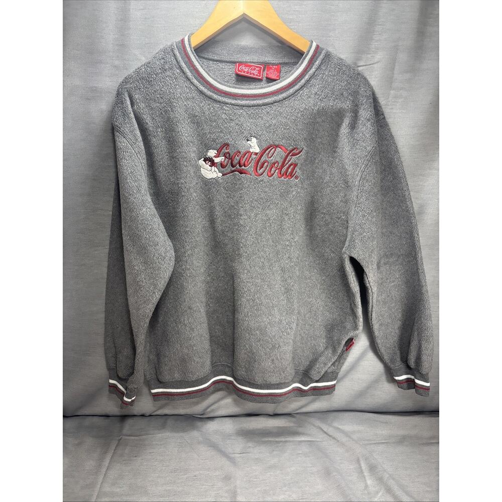 Coca‎ Cola Sweater XL (15) Womens Gray Fleece Pullover Bear Spell Out Crewneck
